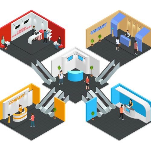 Multistore exhibition isometric composition with promotion and marketing symbols vector illustration